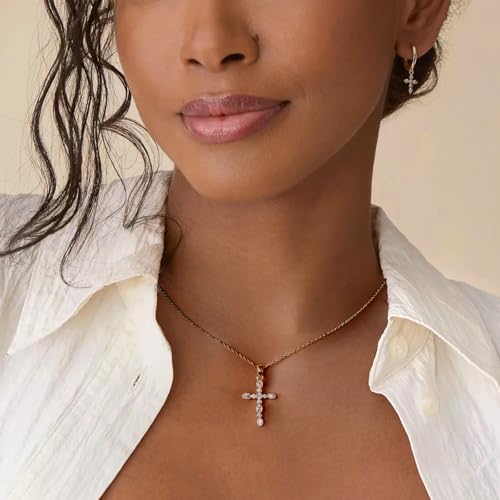 14K Gold Plated Cross Pendant Necklaces for Women Trendy, Dainty Choker CZ Cross Necklace Non Tarnish,Simple Tiny Cross Necklace for Jewelry Gifts - style: Bubble Gold