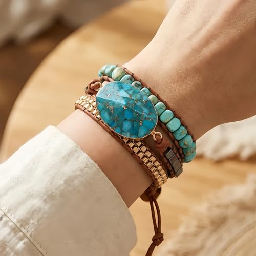 YGLINE Boho Handmade Wrap Leather Tube Crystal Stone Bracelet for Women - color: Turquoise