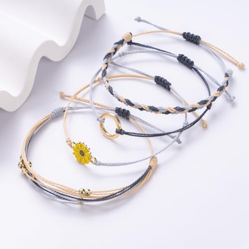 Sunflower Friendship Bracelets Boho Stackable String Bracelets Cute Trendy Gifts for Teen Girls Women - color: Grey Khaki