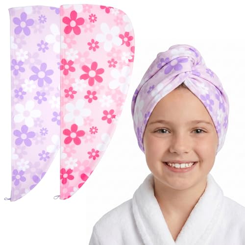 Basumee Microfiber Hair Towel Wrap for Kids 2 Pack Rapid Drying Hair Towel with Button Hair Turbans for Wet Hair Wraps Head Towel Wrap for Women and Girls - color: Pink White Purple Flowers