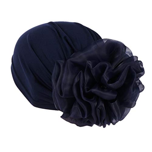 Women Big Flower Turban Hat Head wrap Headwear Cancer Chemo Beanie Cap Hair Loss Cover - color: Navy