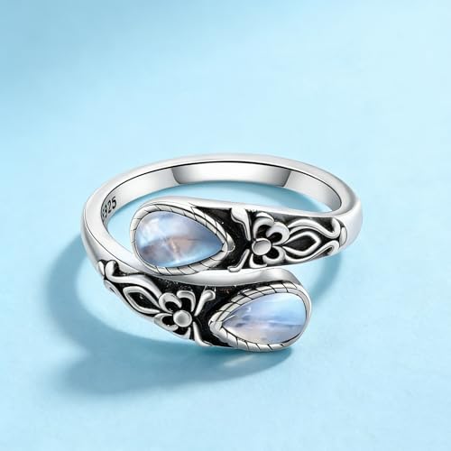 Adjustable Thumb Rings for Women Vintage Moonstone Obsidian Turquoise, Spoon Style Adjustable Ring Gift for Her, Sister, Mom – Natural Gemstone Jewelry - style: Moonstone Bow Ring