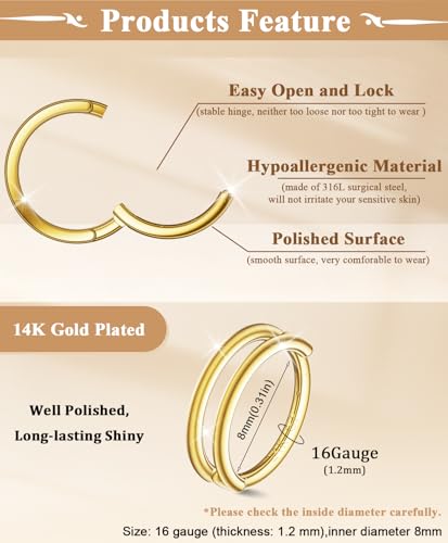 Small Cartilage Double/Triple-Hoop Helix Conch Piercing Earrings With Cubic Zirconia For Women Trendy 14K Gold Plated Titanium Surgical Stainless Steel Sets Nose Rings Hoops Septum Rings - color: 14K Gold, style: A-4Pairs-16Gauge-Double hoop