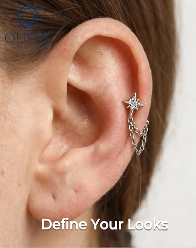 OUFER 16G Chain Cartilage Piercing Jewelry-316L Surgical Steel Gold Flat Back Push Pin Helix Earring, Star Clear CZ Double Chain Lobe Piercing Jewelry - style: Star-Silver