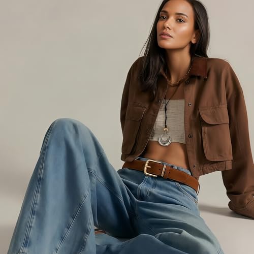 HOTWILL Women Suede Belt for Jeans Dresses Fashion Chunky Ladies Waist Belts with Gold Buckle - color: Brown, size: X-Large: 37"-40" (Pant 14-16)