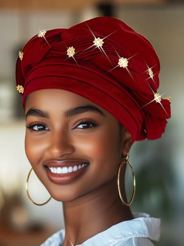 Woeoe Women African Turban Pre-Tied Twisted Beanie Cap Headwear Rhinestone Soft Stretchy Head Turbans - color: Color-2
