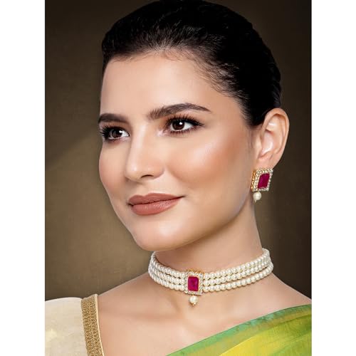 Aheli Ethnic Choker Necklace Earrings Wedding Bollywood Party Jewelry Set Gift for Women - color: Rani Pink 1