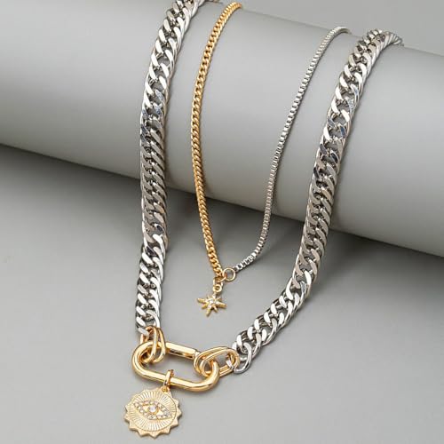 Layered Chain Necklace for Women men Vintage stackable Evil Eye Star Pendant Necklace Chunky Horsebit Clasp Statement Choker Trendy Punk Jewelry Gifts