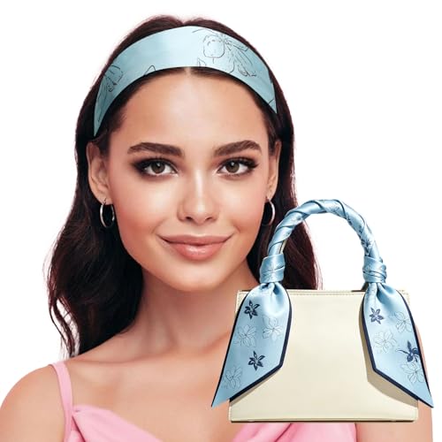 Sumolux Head Hair Scarf for Women Neck Purse Bag Handbags Scarf Like Silk - color: Blue White Flowers