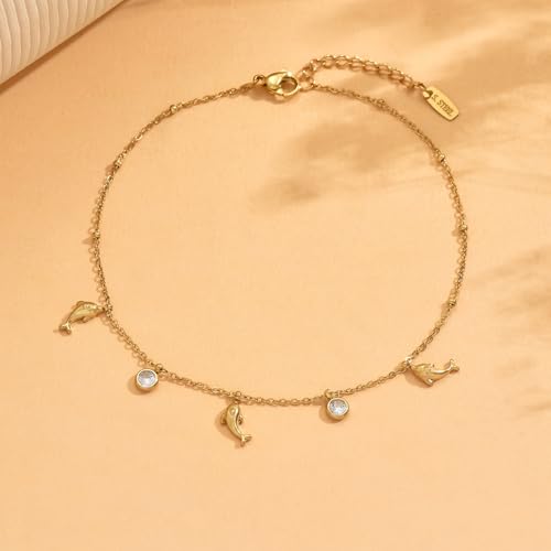 Gold Ankle Bracelets for Women 18K Gold Plated Waterproof Starfish Sea Shell Pearls CZ Diamond Dangle Anklets Trendy Summer Beach Foot Chain Jewelry Gift - style: Dolphin CZ Drop-Gold