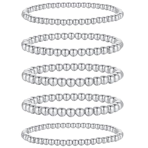 XIANNVXI 5PC Platinum Plated Silver Beaded Bracelet for Women Stretch Elastic Stackable Bead Ball Bracelet Trendy Set Women Dainty Jewelry - color: Silver A