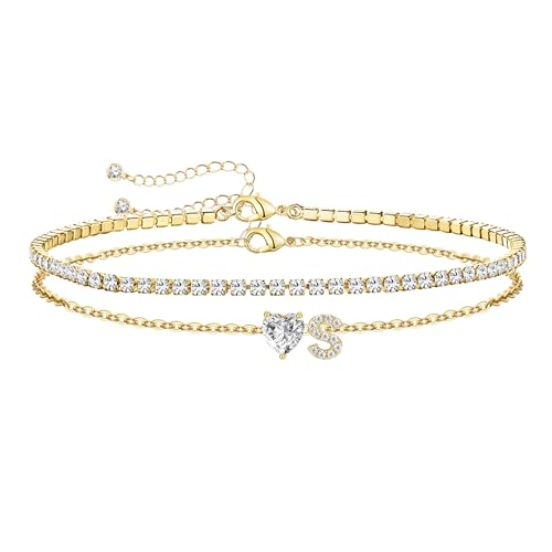 Gold Initial Ankle Bracelets for Women Waterproof 14K Gold Filled Layered Anklets for Women Non Tarnish Women's Anklets Adjustable Large Ankle Summer Beach Foot Jewelry - style: Gold-S