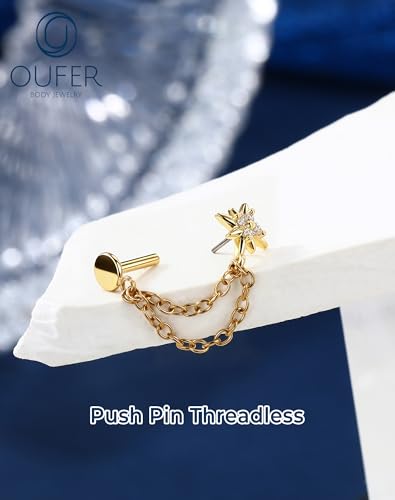 OUFER 16G Chain Cartilage Piercing Jewelry-316L Surgical Steel Gold Flat Back Push Pin Helix Earring, Star Clear CZ Double Chain Lobe Piercing Jewelry - style: Star-Gold