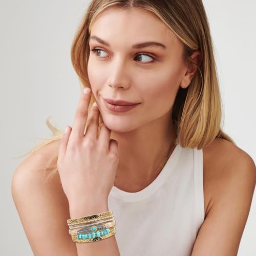 Long tiantian Boho Leather Wrap Bracelets Western Bracelets for Women Stackable Starfish Crystal Pearl Turquoise Leather Bracelet With Clasp Jewelry Gifts Boho Dresses - color: A2:Gold Bracelet