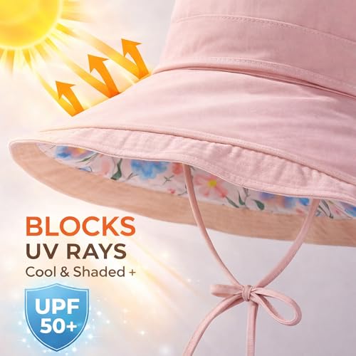 Wide Brim Sun Hat for Women Reversible Beach Hats Metal Wired Edge Gardening Hats, UPF 50+ Bucket Summer Hat - color: Pink