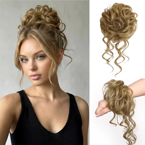 Messy Bun Piece Human Hair for Women Tousled Updo Extension Wavy Curly Buns Scrunchie with Tendrils, Natural Full Chignon Hairpiece for Thin Fine Hair Ladies Dirty Blonde 33g - color: Golden Honey Blonde