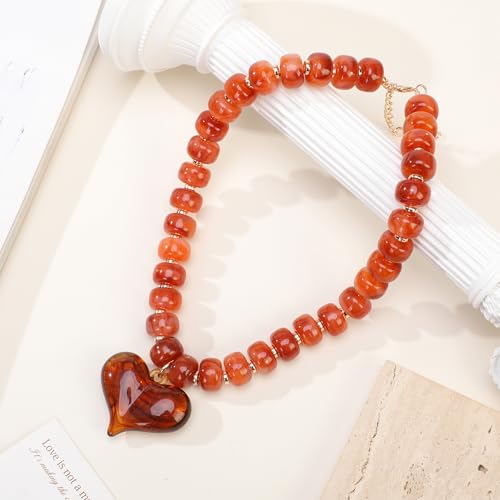Chunky Colorful Beaded Statement Boho Summer Beach Chokers Necklace Heart Pendant Pink Green Yellow Brown Fashion Jewelry - color: Gold-brown2
