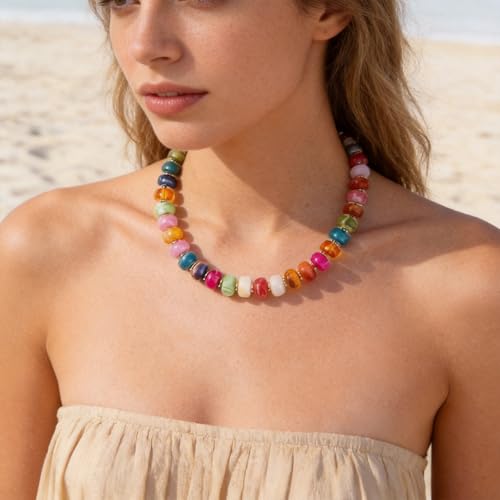 Colorful Chunky Beaded Necklaces for Women - Statement Boho Layered Necklace, Handmade Festival Jewelry, Trendy Bead Necklace Gift - color: Colorful Chunky Beaded Necklace A