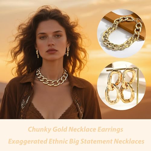 choice of all Chunky Gold Necklace Statement Necklace for Women Punk Chain Thick Gold Choker Jewelry Trendy Birthday Gifts - color: H:chunky necklace earrings set