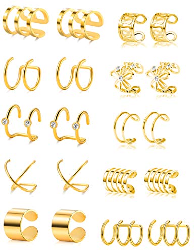 Tornito 4-10 Pairs Stainless Steel Ear Cuff Helix Cartilage Clip On Wrap Earrings Fake Nose Ring Non-Piercing Adjustable - color: A1:10 Pairs, Gold Tone