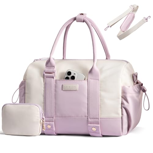 LOVEVOOK Small Gym Bag for Women with Yoga mat Holder, Mini Duffle Bag for Travel with Wet Pocket, Overnight Personal Item Bags, Lightweight Carry on Weekender Duffel for Workout, Dance, Ballet - color: White-Purple, size: 14.5 inch-Small-2Pcs
