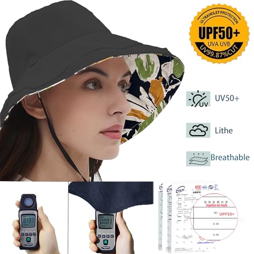 vidsel Womens Sun Hats Wide Brim Reversible Bucket Cotton Hat Packable Summer Travel Cap with Hat Clip,UV Protection - color: Black2, size: Medium