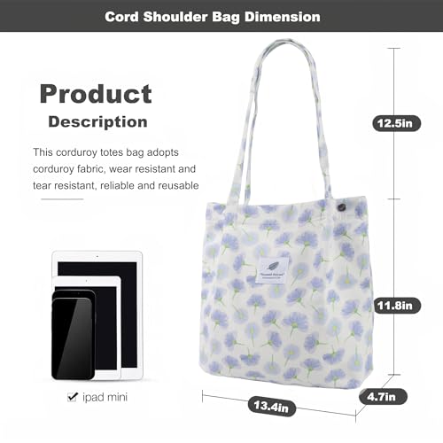 Corduroy Tote Bag for Women Small Canvas Shoulder Purse Cord Handy Bag with Inner Pocket | with Front Pocket - color: 03 Floral-1