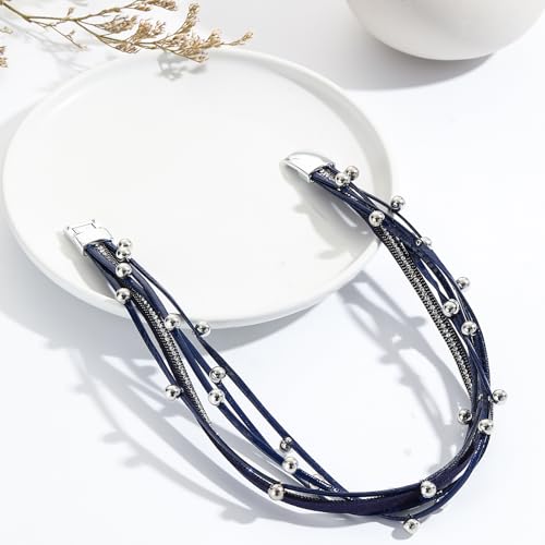 VIBILIA Boho Leather Wrap Bracelets for Women Multi-Layer Bracelets with Strong Clasp Jewelry for Women - color: 07-Beads-Blue