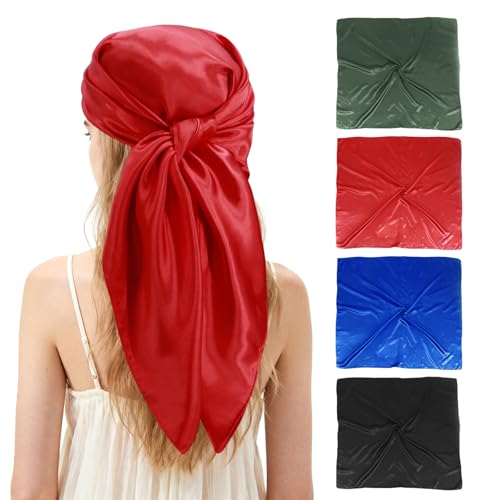 Ciormis 35" Silk Head Scarf for Women, 4 Pcs Satin Hair Scarf Square Silk Bandana Top Neck Scarves Hair Wraps for Sleeping - color: K1-solid-set5