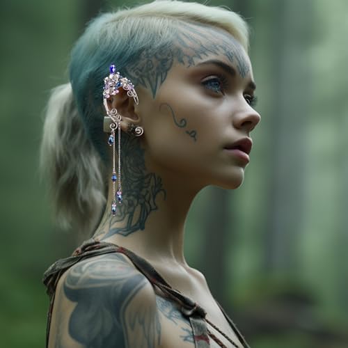Elf Ear Cuffs, OwMell Handcraft Silver Pointed Fairy Elven Cosplay Fantasy Costume Bridal Wedding Earrings for Non Pierced Ears - style: Bule Tassel