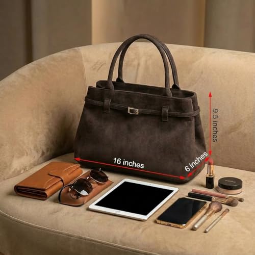 Base’ic Women’s Suede Tote Bag with Gold Hardware – Trendy Slouchy Shoulder Hobo Satchel Handbag Work Purse Travel Gift - color: Dark Brown (Gold Hardware)