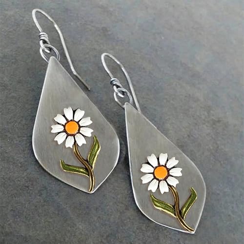 Boho Earrings, Statement Earrings, Teardrop Sunflower Earrings, Dangle Ethnic Earrings for Women, Handmade Bohemian Trendy Boho Vintage Jewelry - style: White Daisy