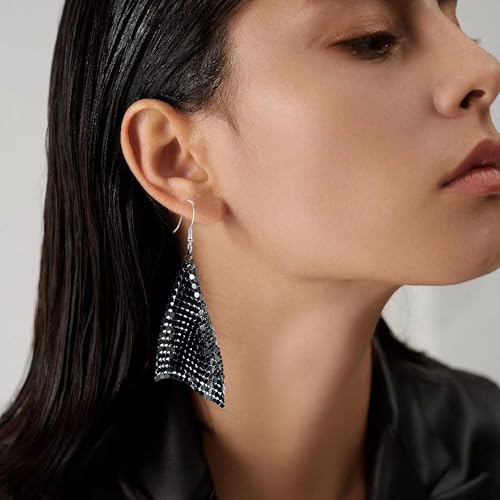 Sequin Earrings for Women Metal Mesh Grid Sequins Tassel Long Drop Dangle Earrings Trendy Charms Bridal Wedding Jewelry - color: Black