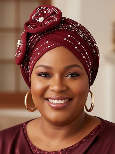Woeoe Beanie Cap Head Wrap Black Rhinestones Head Scarf Flower Pearls Twisted Head Turban for Women Girls - color: Burgundy