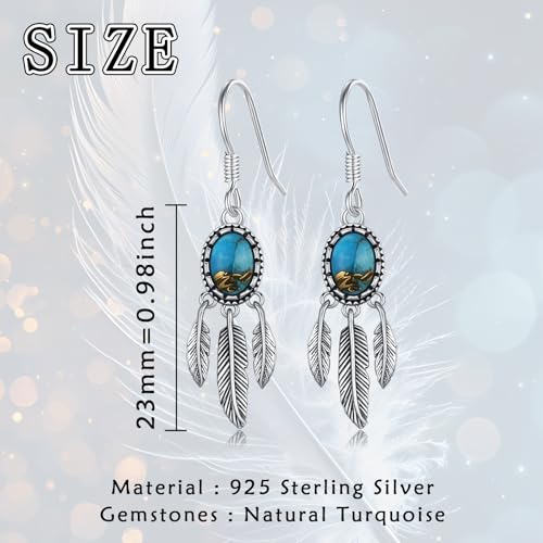 Natural Turquoise Earrings for Women Dangling 925 Sterling Silver Dangle Earrings Western Jewelry Christmas Gift for Sister Mother - style: C-Feather Earrings