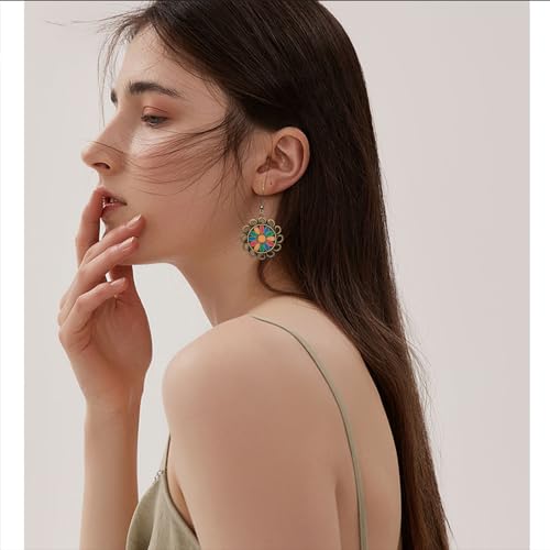 Bohemian Lightweight Vintage Copper Enamel Flower Hollow Dangle Drop Earrings Handmade Retro Circle Floral Hook Earrings For WomenJewelry Gifts - color: Colorful
