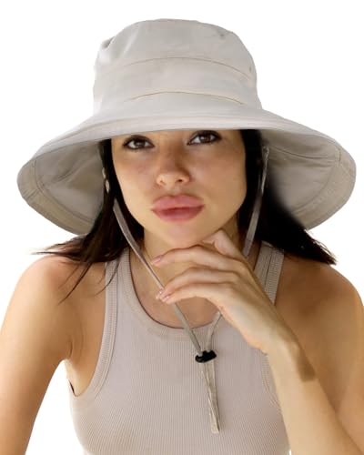 Sun Hats for Women Gardening Hat Wide Brim Ponytail Beach Sun Protection Breathable Cotton Summer Hat with Fold-Up Brim - color: Beige