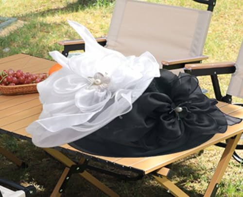 ORIDOOR Women’s Organza Church Tea Party Wedding Fascinator Derby Hat Wide Brim Sun Hats - color: C3-pure White