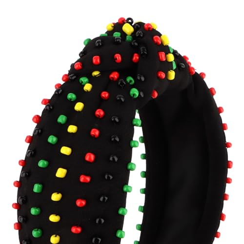 YISSION Juneteenth Beaded Knotted Headband for Women Girls - Red Green Yellow Black Rasta Colors Wide Turban Headband, Top Knot Fashion Hair Accessories for Holiday Party Everyday Wear - color: Red,Black,Green,Yellow