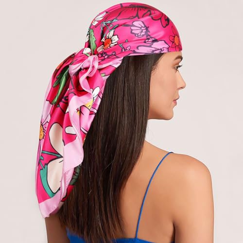 Molans 35" Silk Satin Square Head scarves - 4Pcs Large Scarfs Hair Bandana Head Kerchief Neck Scarf Sleeping Wraps for Women - color: Blue/Yellow/Red/Orange