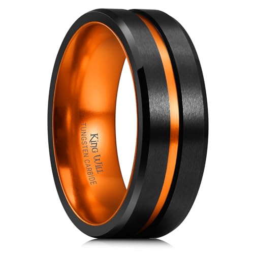 King Will Mens Tungsten Rings for Men Two Tone Grooved Mens Wedding Band Cool - color: Orange