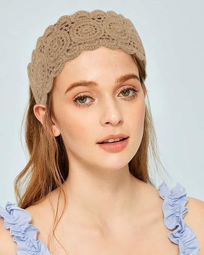 HAIMEIKANG Hippie Hair Bandanas Headbands for Women Boho Headband Knit Hair Bands Floral Head Wrap for Girls (Khaki + Brown + Dark Brown) - color: Khaki + Brown + Dark Brown