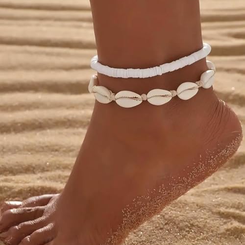Qceasiy Shell Ankle Bracelet Set for Women, Gold Plated Boho Bead Adjustable Anklet, Hawaiian Beach Seashell Pearl Heart Starfish Conch Foot Jewelry Gifts - color: Shell&Puka