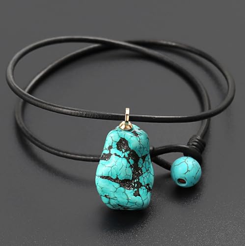 7 Chakra Gemstone Healing Crystals Necklace - Copper Wire Wrapped Natural Unisex Hippie Leather Choker - color: 6. Turquoise