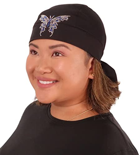 Sparkling EARTH - American Made Skull Caps Doo Rags Do Rag Durag Headwrap Head Wraps Skullies - Made in The USA! - color: Large Blue and Silver Butterfly Rhinestud Rhinestone