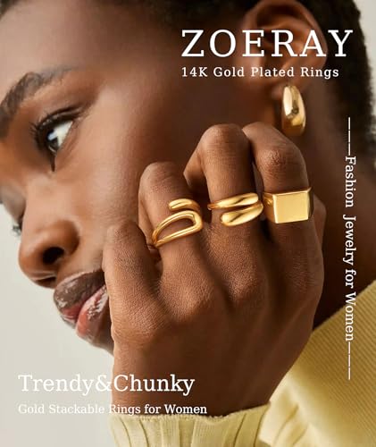 ZOERAY Chunky Gold Rings for Women Non Tarnish Trendy 14k Gold Plated Adjustable Signet Band Stackable Thumb Ring Set Open Twist Dome Statement Stacking Rings Jewelry Gifts for Women Size 5-10 - color: C. Twisted Stackable Rings