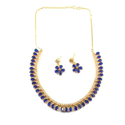 JewarHaat Indian Bollywood Necklace Set AD CZ Elegant Gold Plated Multi Stones Sparkling Crystals Choker with Earrings Fashion Jewellery for Women & Girls - color: Blue