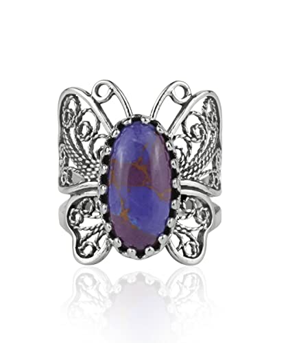 Filigranist Sterling Silver Filigree Art Butterfly Women Cocktail Ring with Gemstones - color: Mojave Turquoise