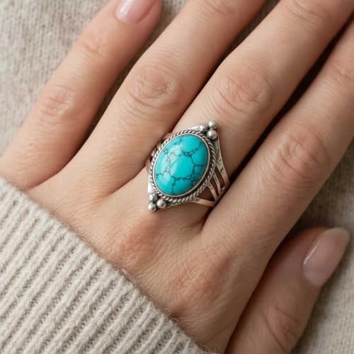 Handmade 925 Sterling Silver Plated Ring Natural Gemstone Carnelian, Rose Quartz, Tiger Eye, Crystal Oval Boho Jewelry For Women - color: Turquoise