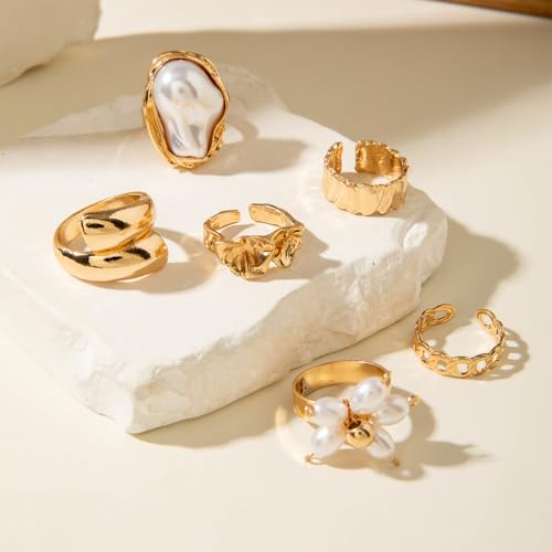 Chunky Gold Irregular Rings Stack Set for Women Statement Baroque Pearl Flower Stackable Knuckle Finger Ring Non Tarnish Boho Hammered Jewelry Gifts - color: Gold Flower